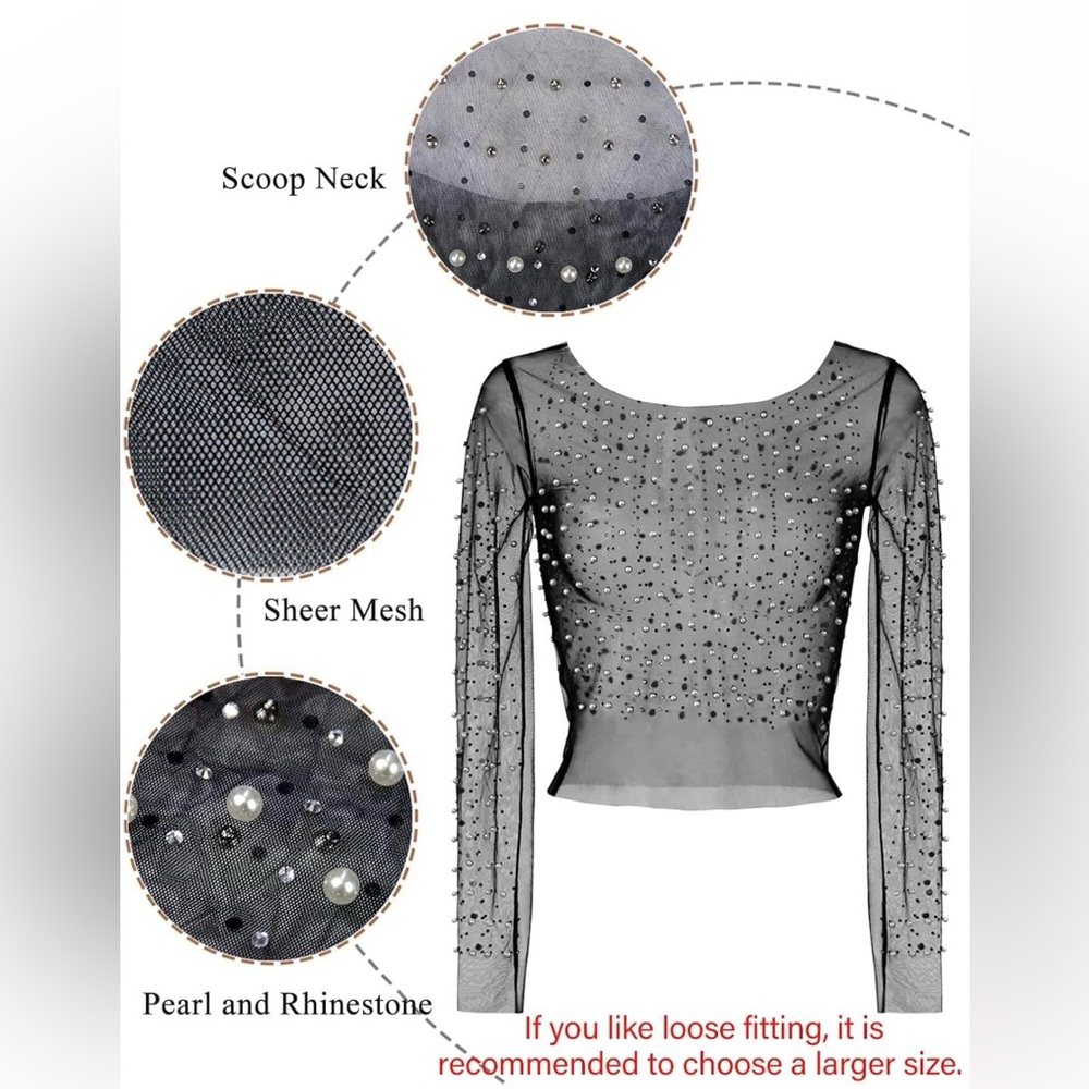Pearl Rhinestone See Through Long Sleeve Mesh Blouse - Size 2XL - Picture 5 of 6
